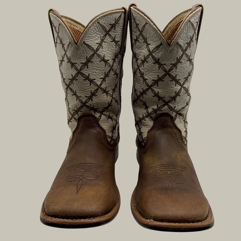 Twisted X Kids Brown Leather Barbed Wire Embroidery Square Toe Western Boots, 2M
